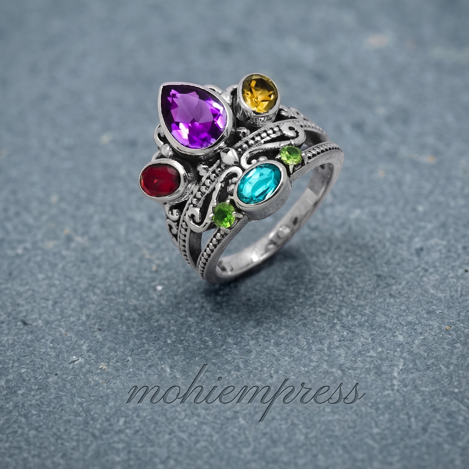 Multi Gemstone Statement Ring 925 Sterling Silver, Vintage Crown Ring