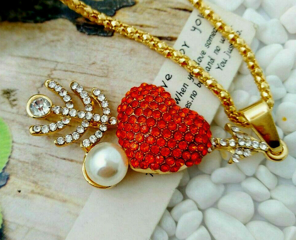 3D CUPID Arrow VALENTINE HEART Rhinestone Retro LOVE Necklace Red
