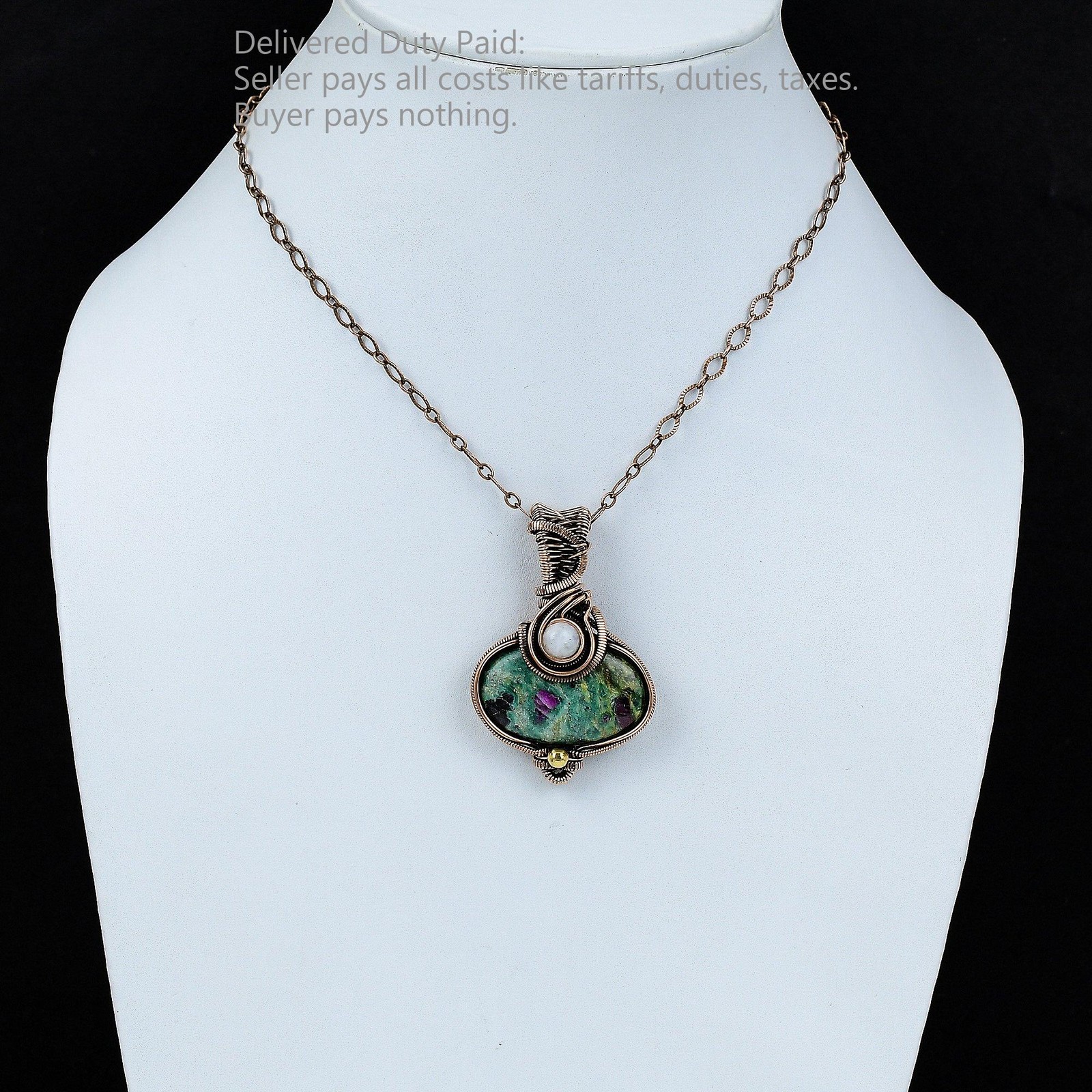 Oval Ruby Fuchsite Stone Rainbow Moonstone Copper Wire Wrapped Pendant Jewelry