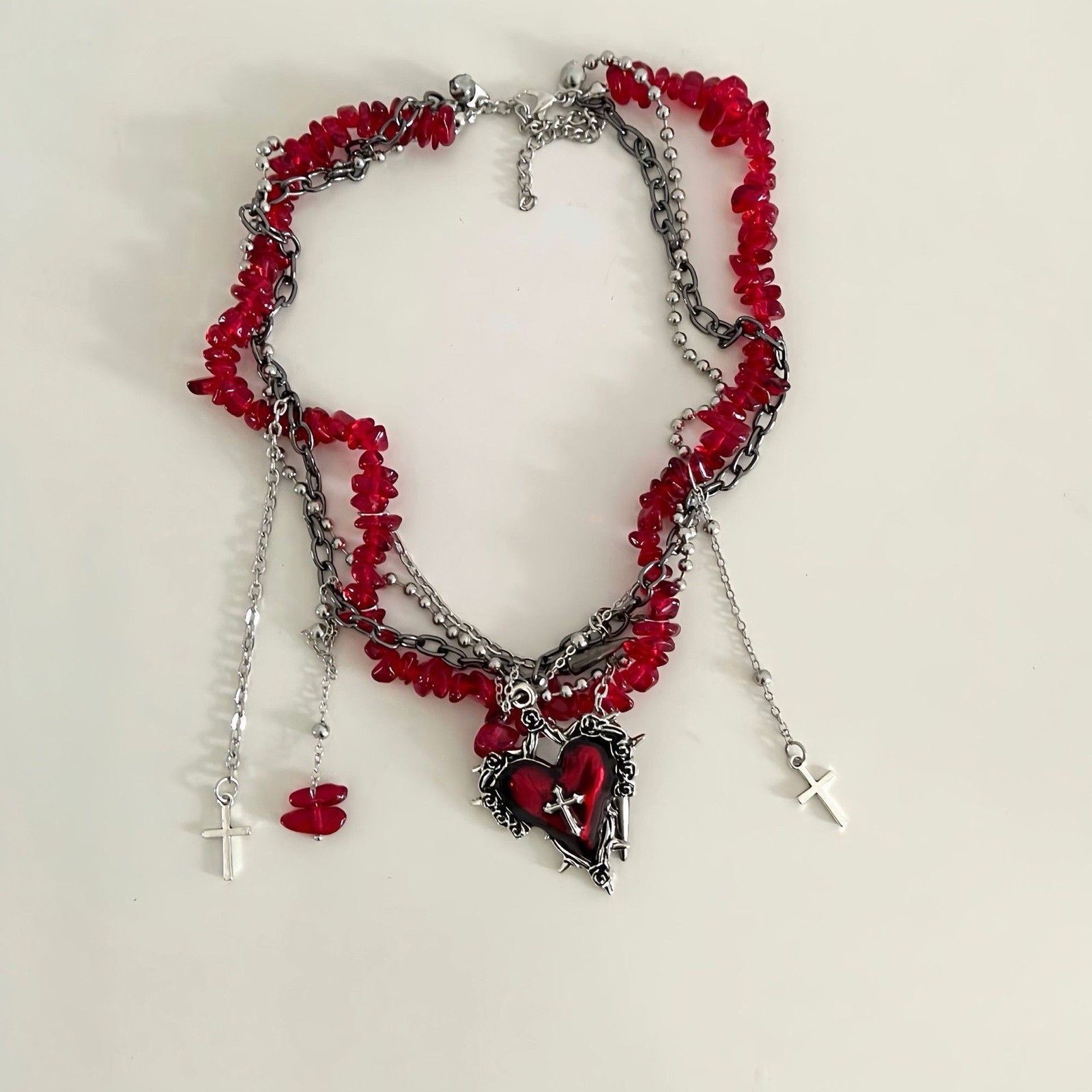 Gothic style personality red gravel chain love tassel wrap necklace female niche
