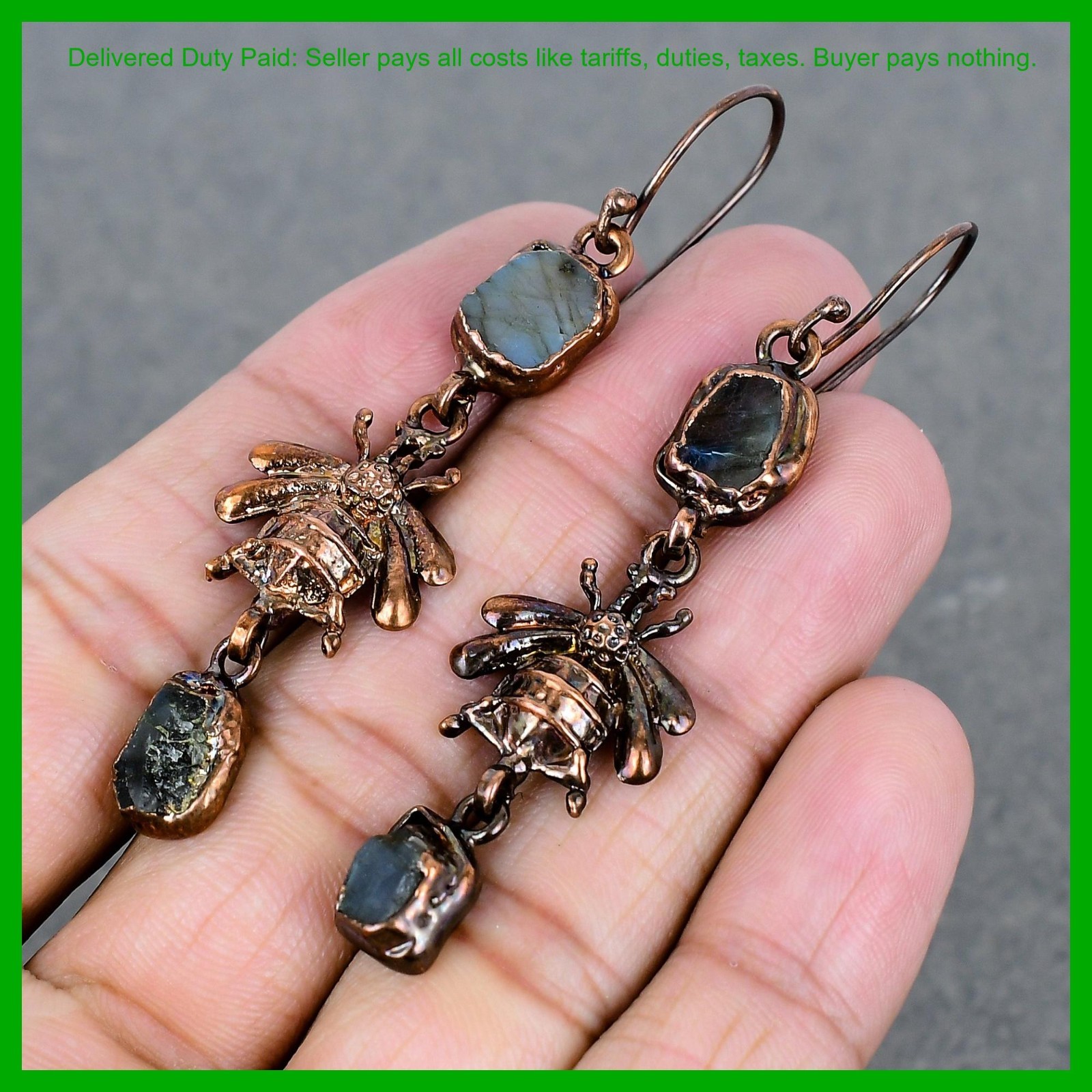 Copper Natural Labradorite Rough Electroformed And Honey Bee Dangle New Earrings
