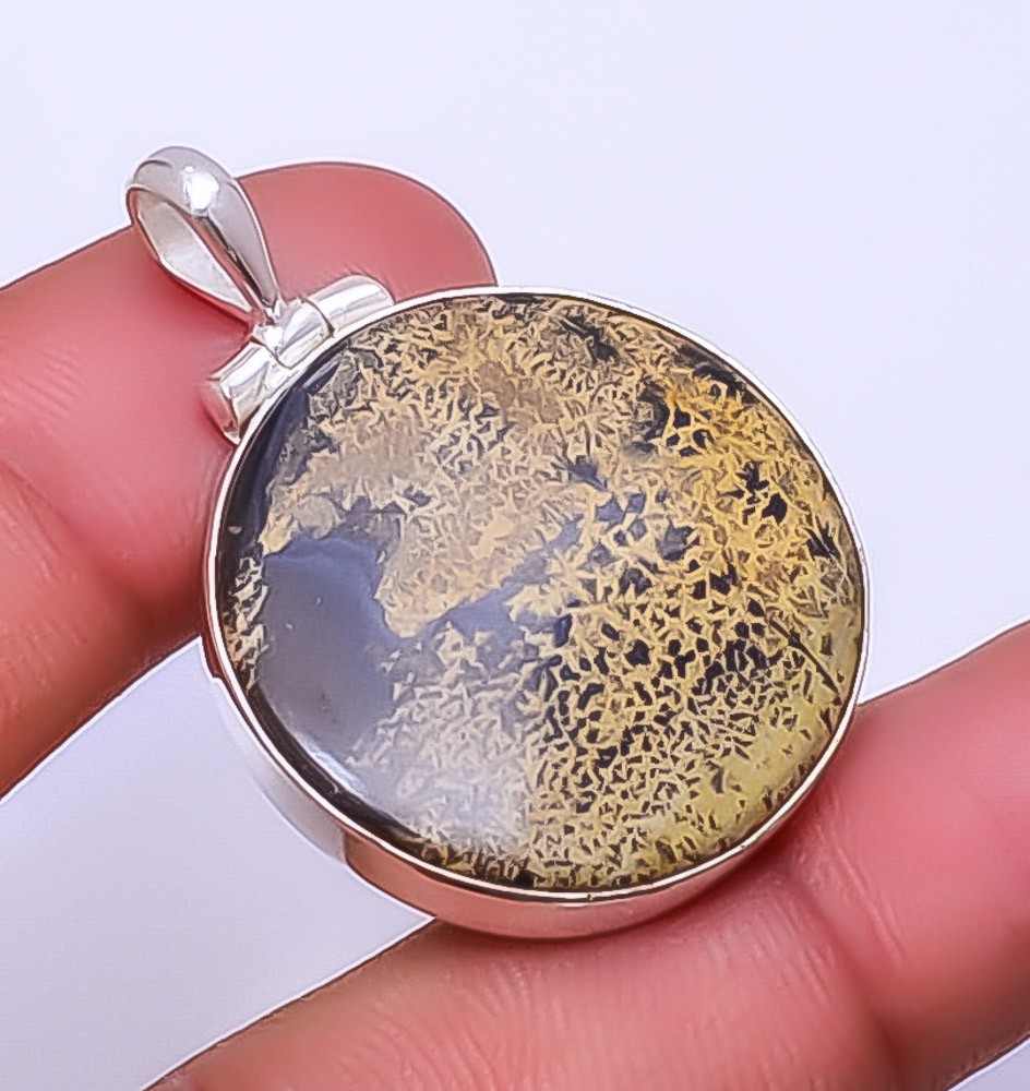 Honey Dendritic Opal – Mexico Gemstone 925 Sterling Silver Pendant 1.56″ P33