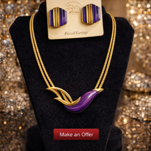 Vtg Park Lane Ladies Choice Purple Gold Necklace Pierced Earring Set 1980’s NEW