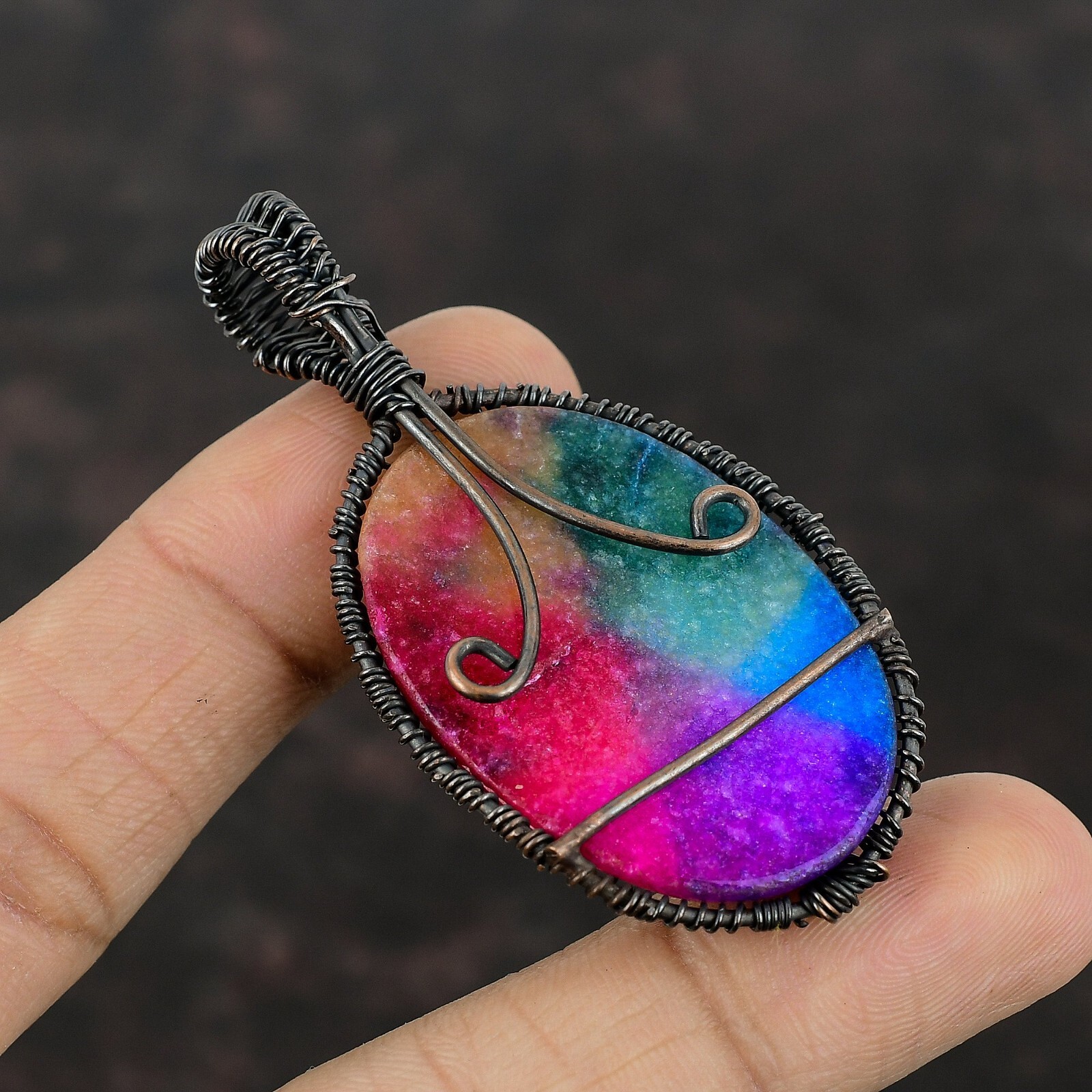 Rainbow Solar Quartz Druzy Copper Wire Wrapped Tree Of Life Pendant 2.56″