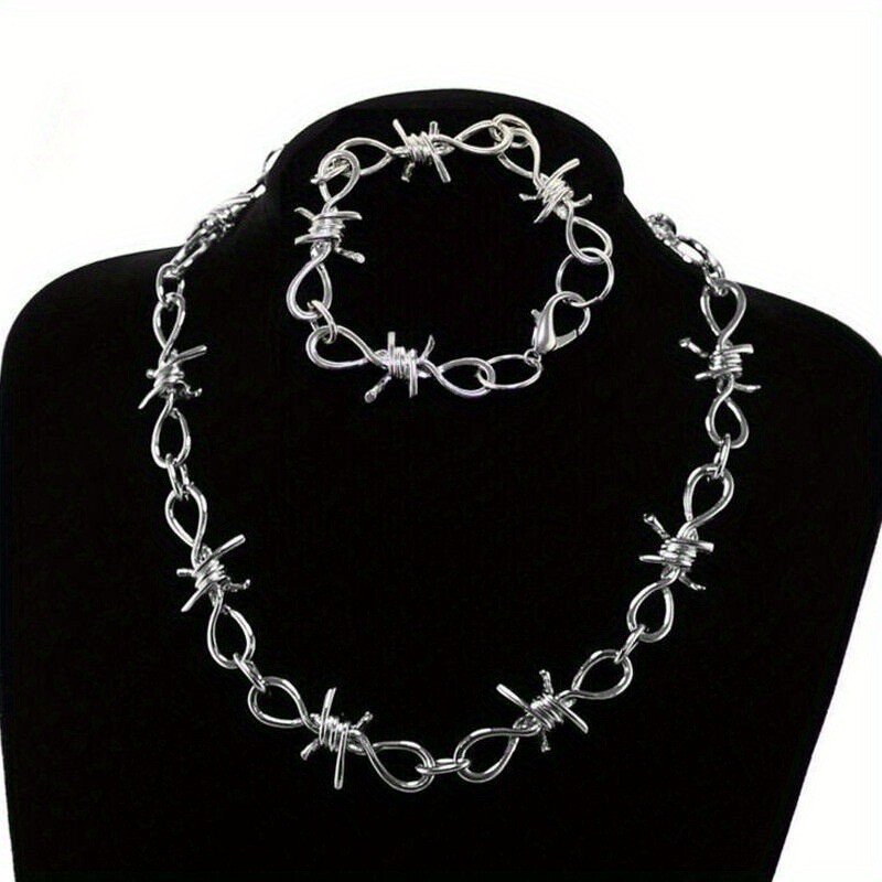 2Pcs/Set Punk Rock Emo Goth Silver Barbed Wire Bramble Chain Choker Necklace 20″