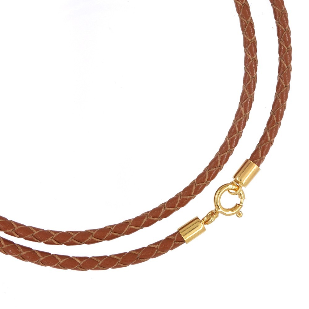 Gold Plated Sterling Silver 3mm Brown Braided Leather Cord Necklace Spring Clasp
