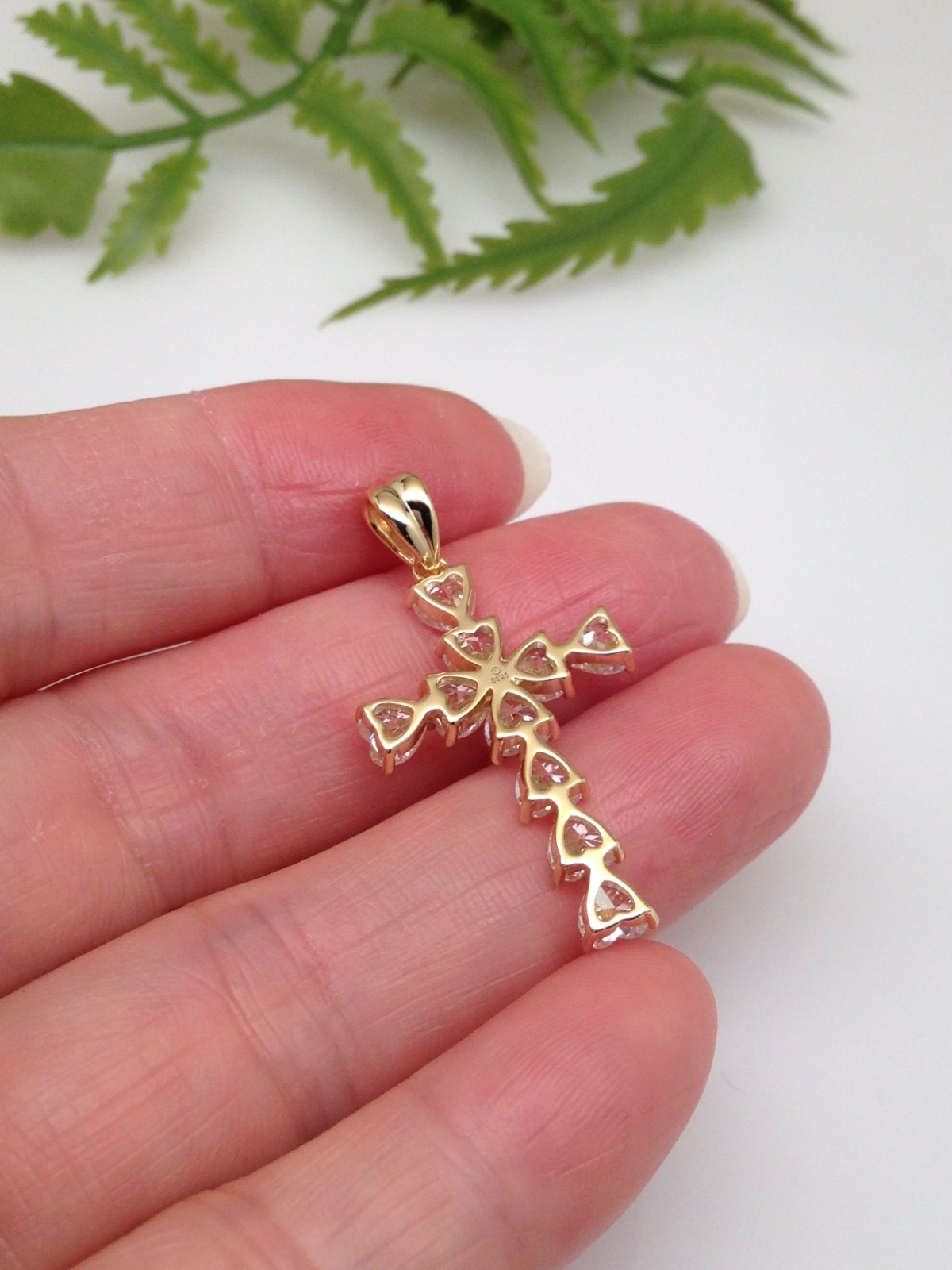 925 Sterling Silver CZ Gold Heart Cross Pendant Women 26mm(1.02″)/33mm(1.3″)