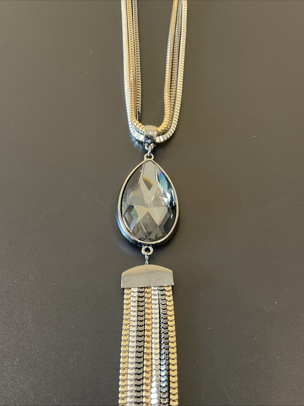 28” Black Gold & Silver Box Chain Necklace Tassel Black Stone Signed Alfani