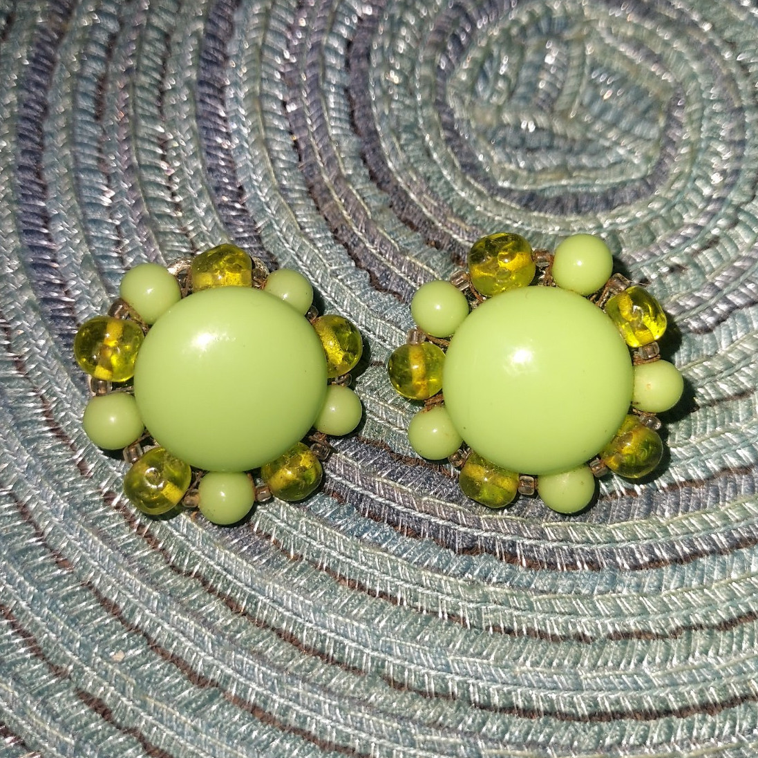 Green Flower Clip-On Cluster Stud Earrings, Rhinestone & Plastic Vintage
