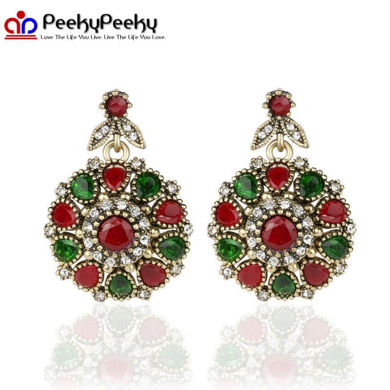 Turkish Simulated Emerald & Ruby Necklace Pendant Earrings Women Wedding Jewelry