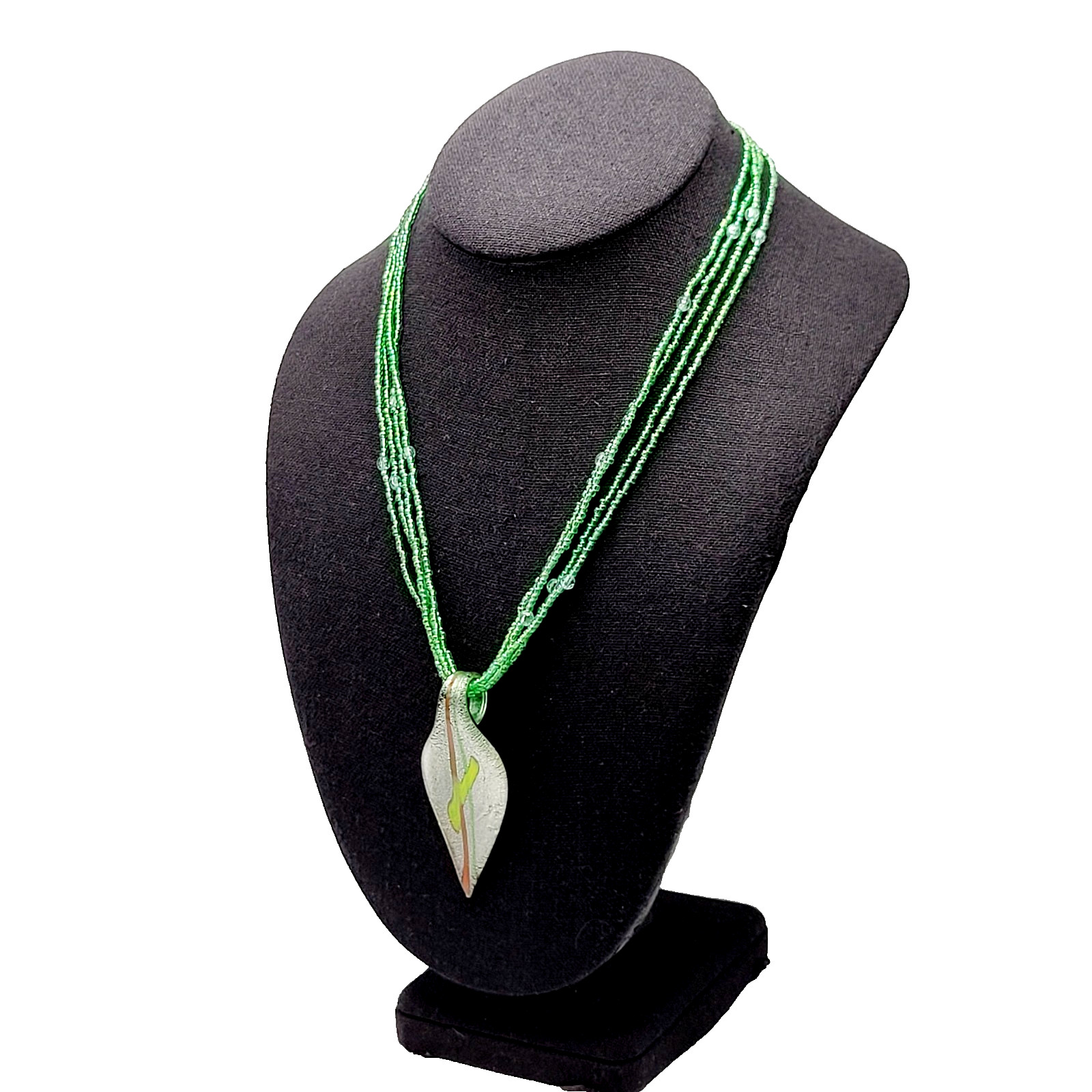 Green Art Glass Pendant Iridescent Seed Bead Multi Strand Necklace Vtg Y2K Era