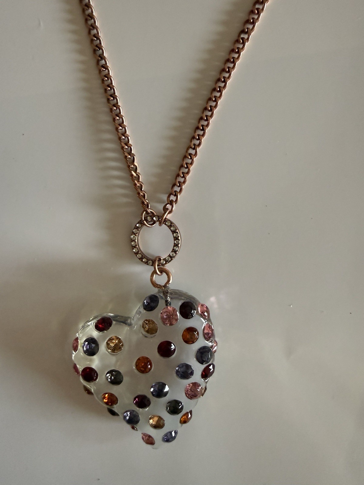 Rose Gold Plated Heart Charm Necklace w/ Multicolor Pavé Crystals, Betsy Johnson