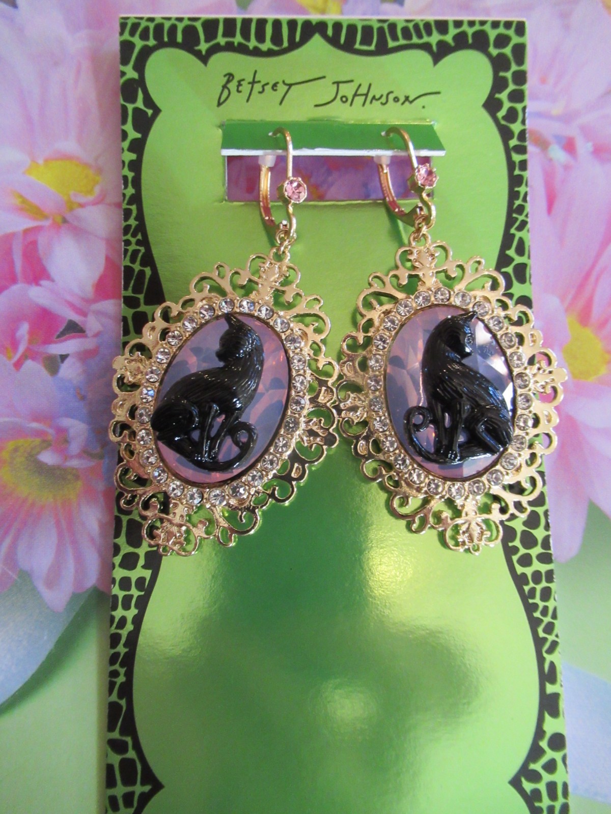 BETSEY JOHNSON HALLOWEEN BLACK CAT LEVER BACK GLASS CRYSTALS DANGLE EARRINGS