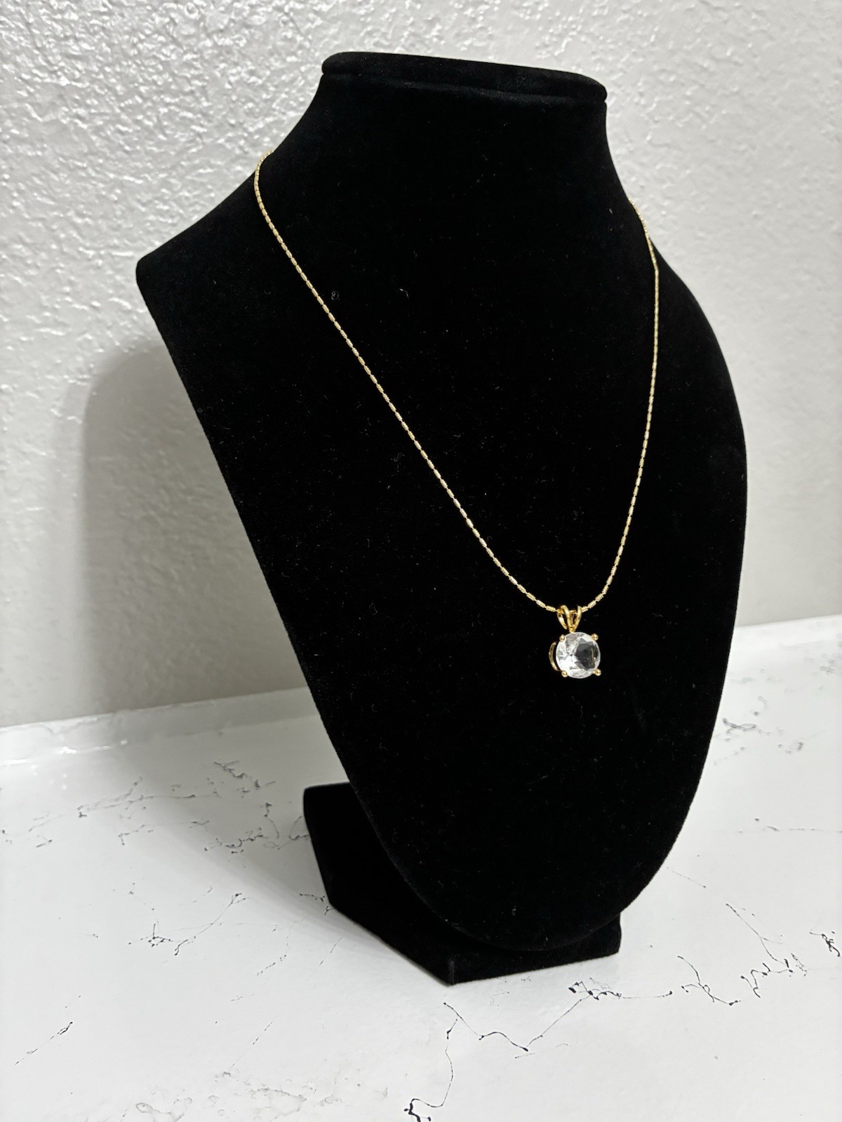 Gold Tone Cable Chain Necklace Round Clear CZ Prong Pendant 16”-18”