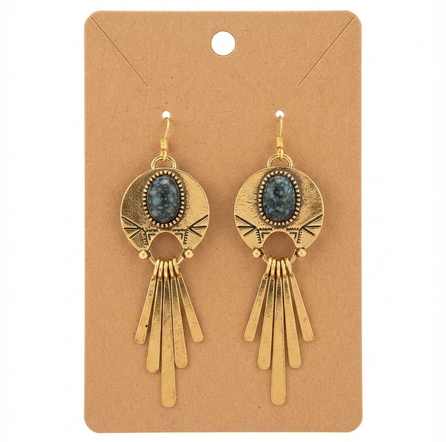 Gold Tone Metal Oval Dangle/Drop Hook Earrings, Green Stone Accent