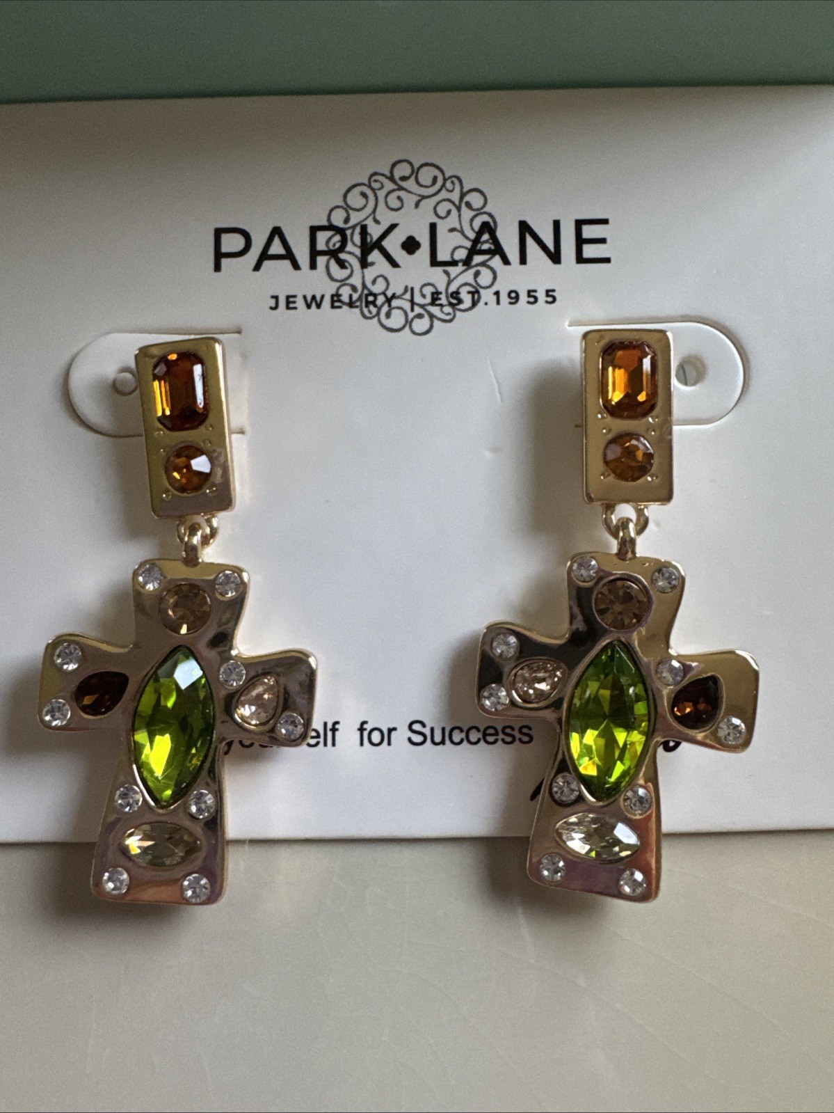 Park Lane Lumen Cross Earrings With Citrine & Topaz Crystals Hammered Gold