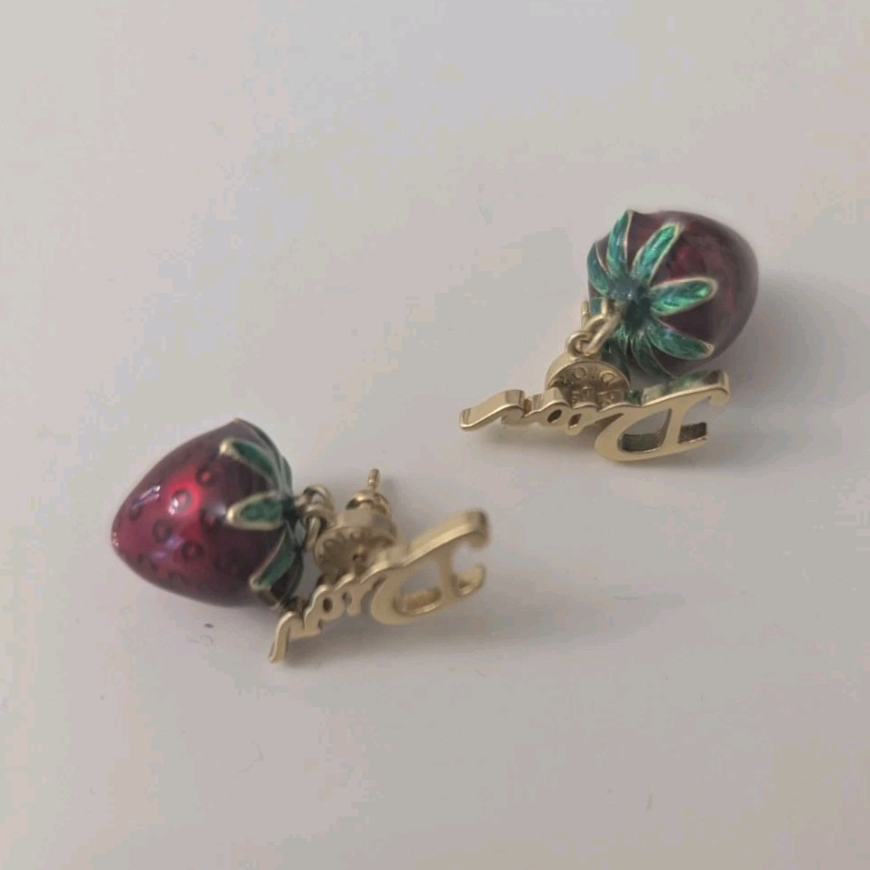 Gold Tone Gucci Enamel Strawberry Dangle Clip-On Earrings, Purple Green Fruit