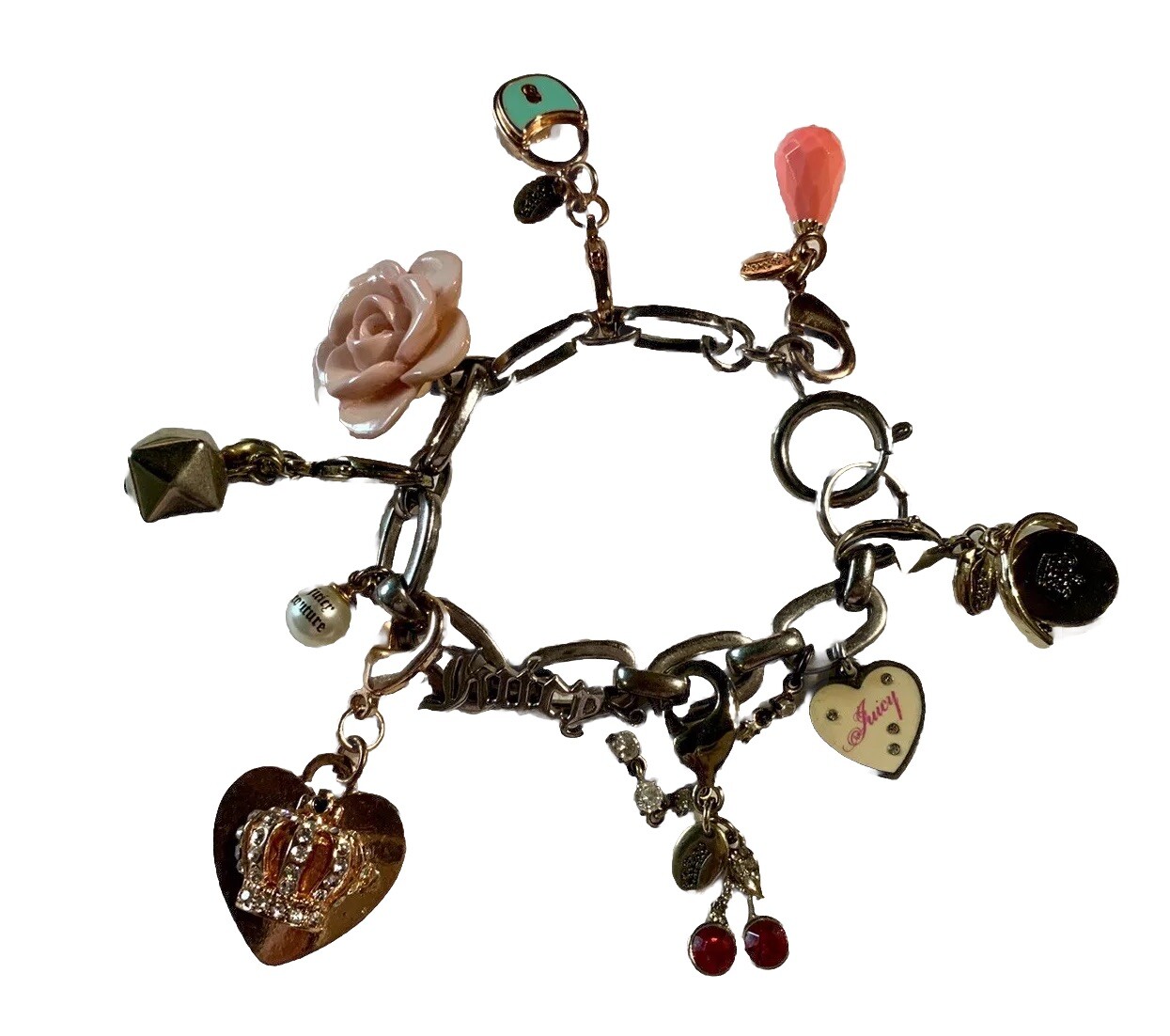 Vintage Y2K Juicy Couture Bracelet With Mixed Heart Dog Lock Charms Box Silver