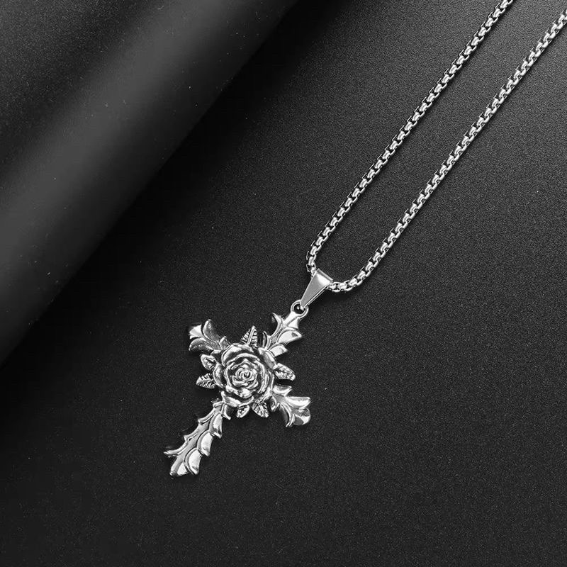 Vintage Stainless Hip Hop Punk Steel Fashion Rose Cross Pendant Jewelry Necklace