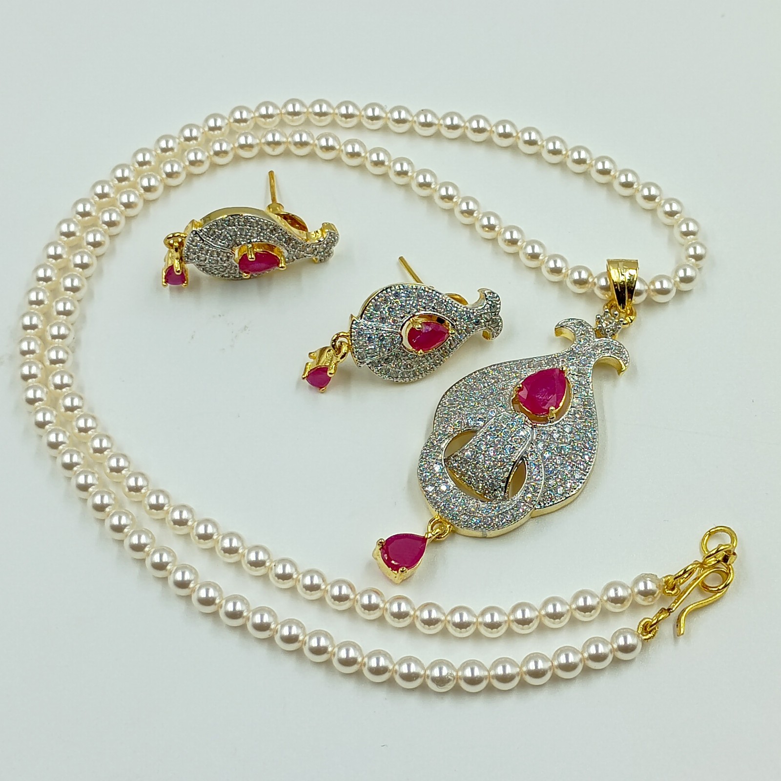 Ruby CZ Diamond Bridal Pendant Set 22k Gold Plated South Indian Ethnic Jewelry