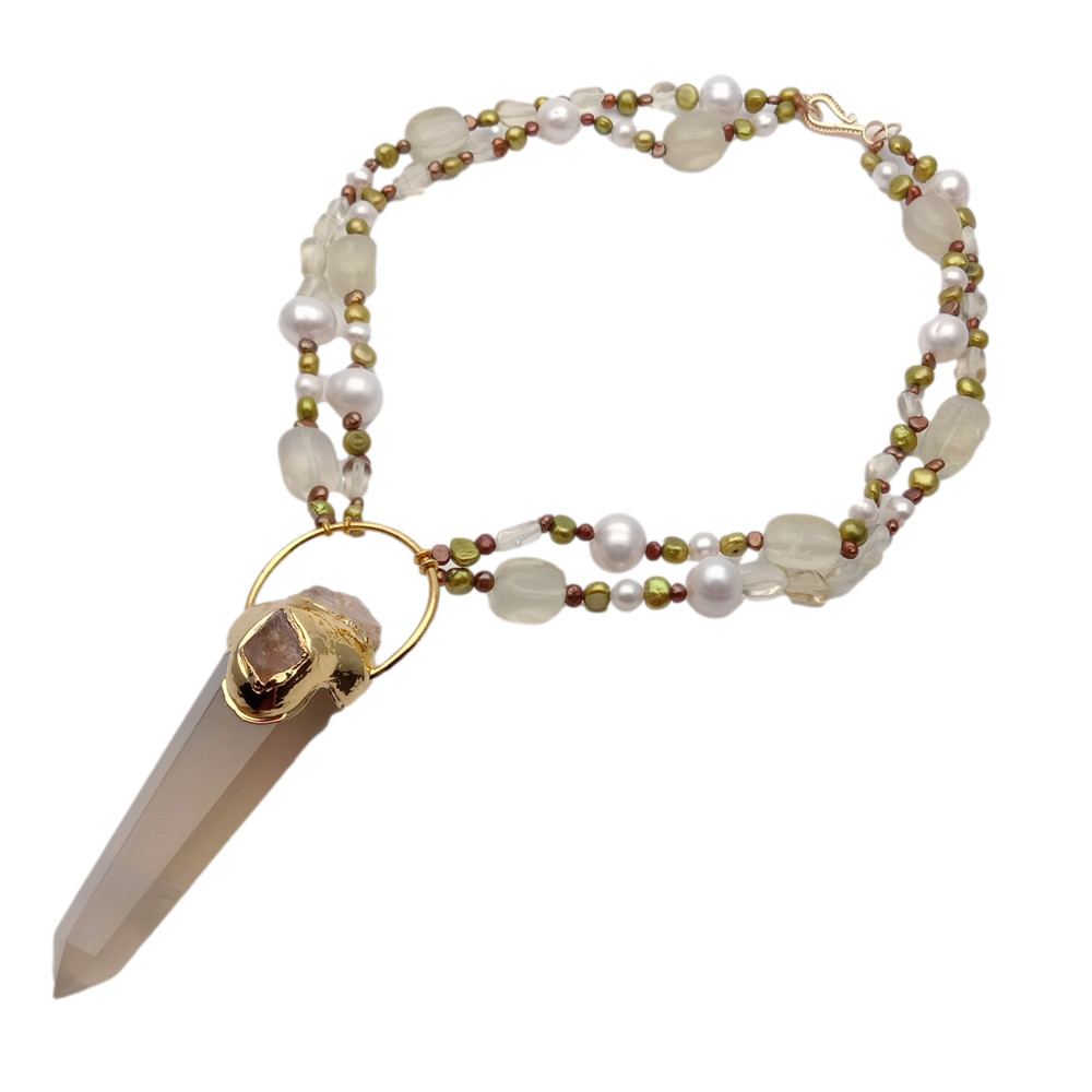 21″ 2 Rows White Pearl Brown Fancy Pearl Necklace Lemon Quartz Point Pendant