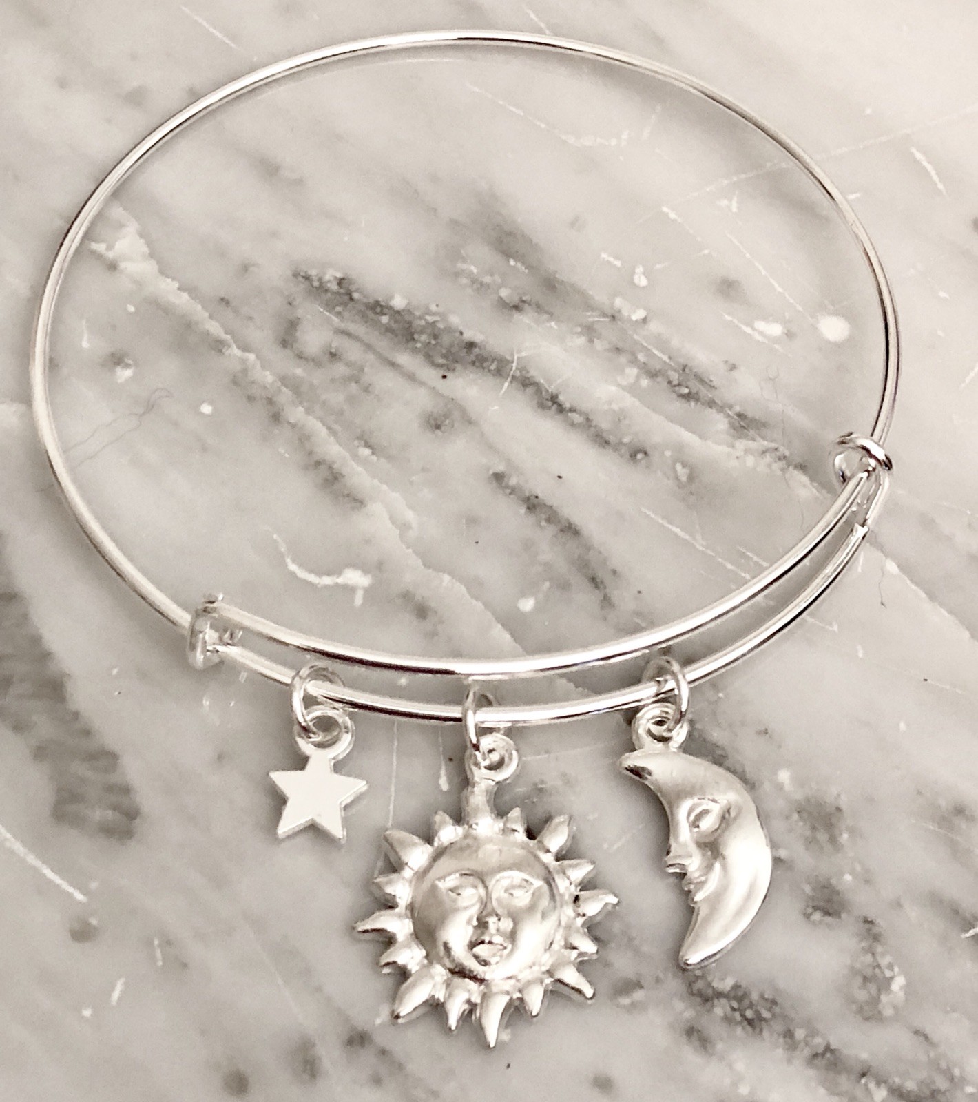 Sun Moon and Star Celestial bright Silver charm Expandable Bangle Bracelet