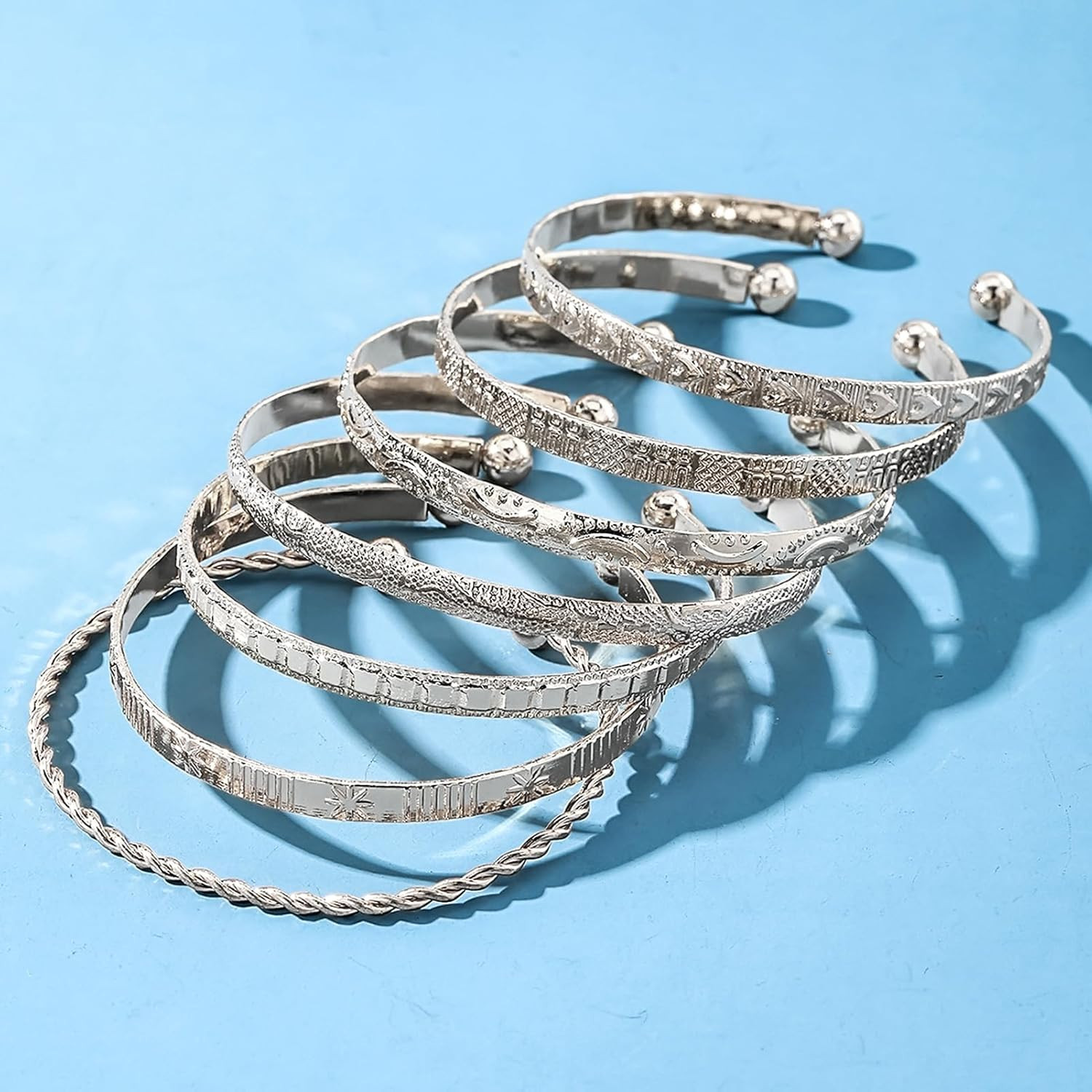 7 Piece Silver Bangle Bracelets Set For Women Adjustable Stackable Cuff Jewelry