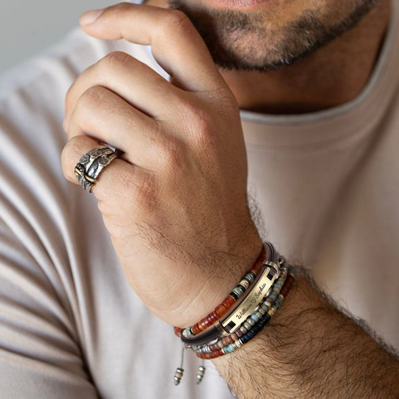Personalized Engraved Stainless Steel Genuine Leather Bracelet Antique Gold Tone