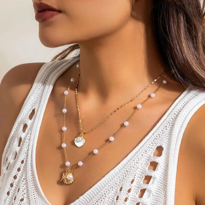 Gold Sea Shell Layer Charm Necklace for Women Boho Summer pearl Seashell Beach S