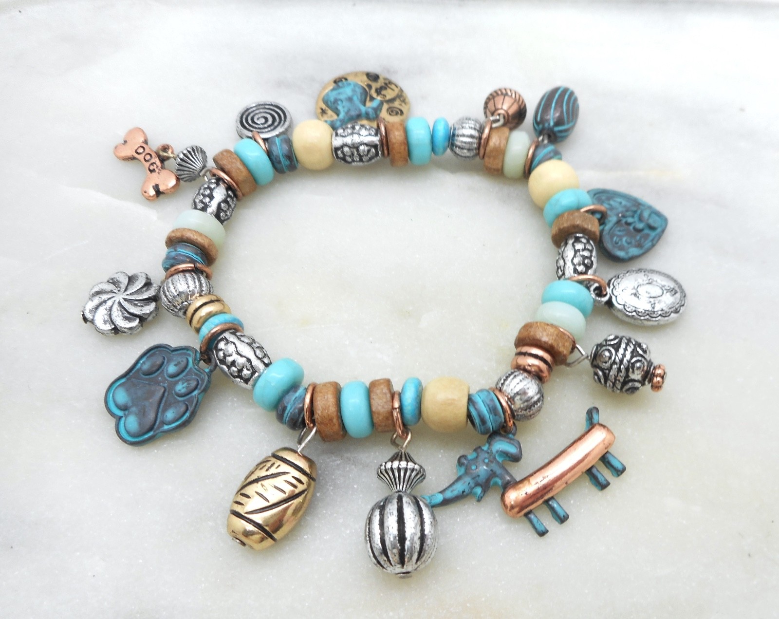 Handmade Dog Paws Puppy Charm Bracelet Silver Plated Quality Stretch NEW