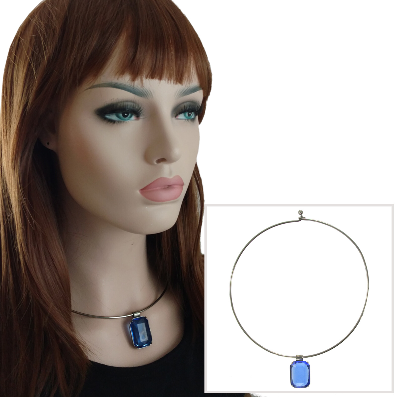 Large Blue Rhinestone Pendant 1 1/8″ + Gun Metal Collar Choker Necklace 16″
