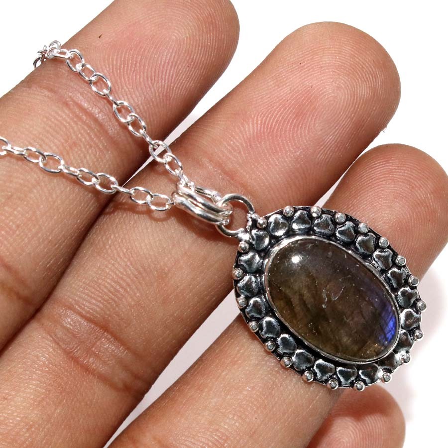 925 Silver Plated Decent Fiery Labradorite Necklace 18″ Must Have Jewelry MJ
