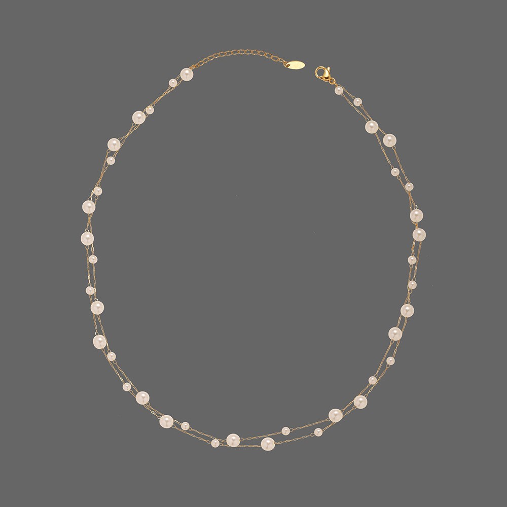 Woman 18K Gold Plated Stainless Steel Pearl 2 Layers Chain Necklace