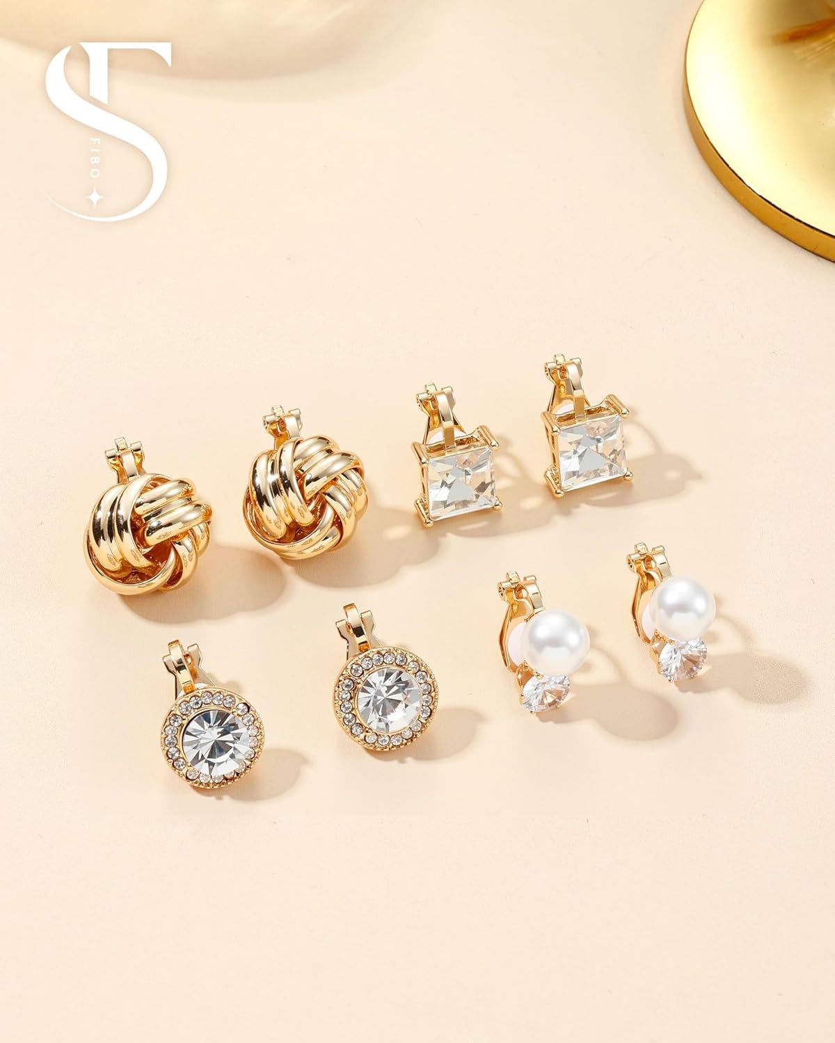 FIBO STEEL 10 Pairs Clip On Earrings for Women Non Pierced Ears CZ Pearl Knot Tw