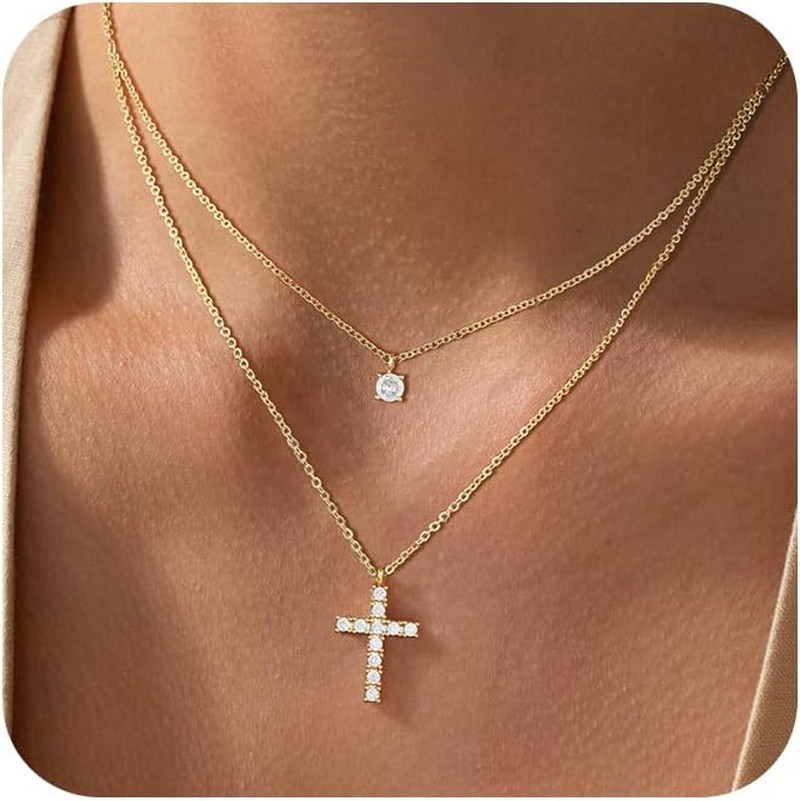 Cross Necklace for Women,14K Gold Plated Small Dainty Colorful Beaded Cubic Zirc
