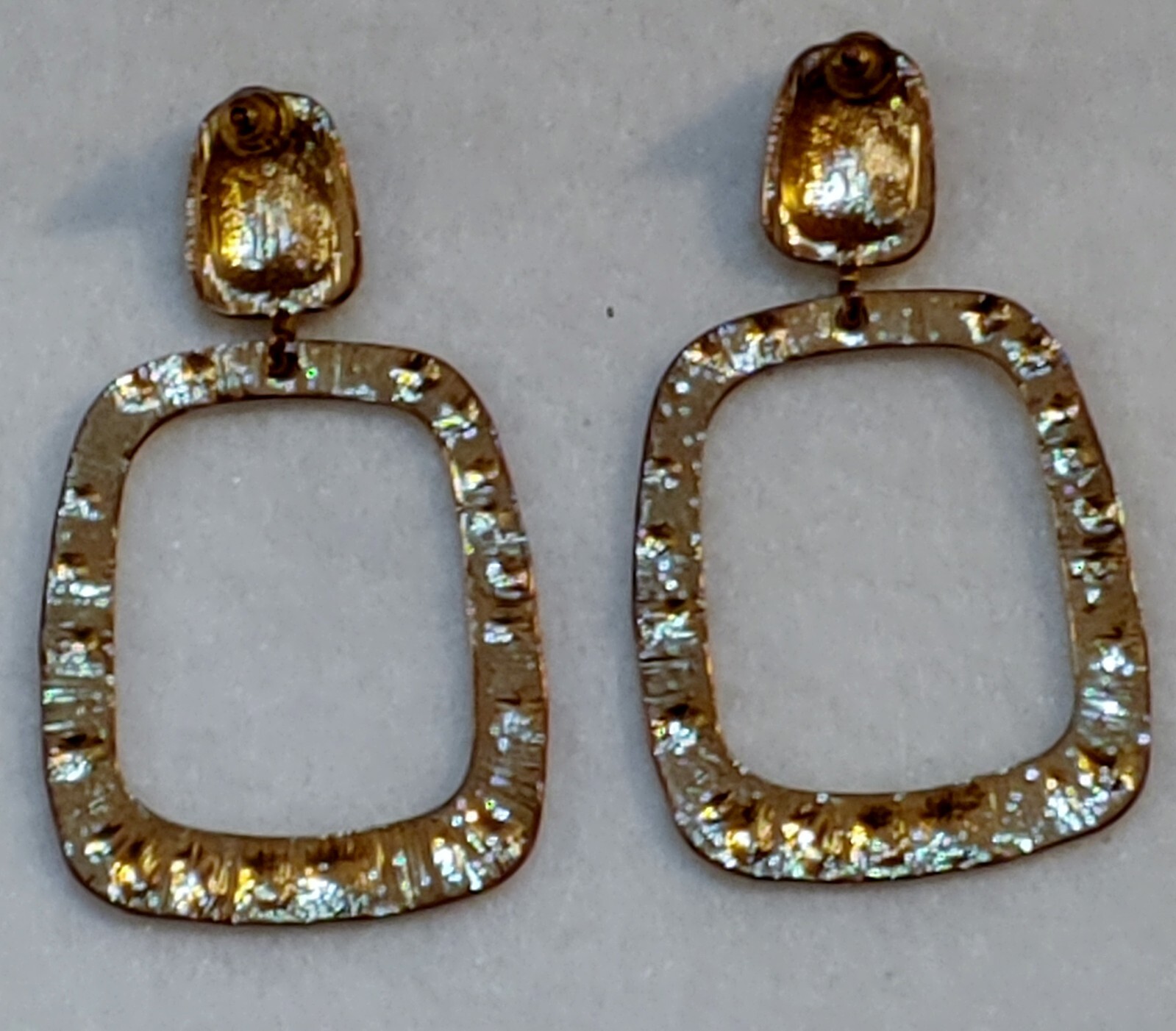 Gold tone black Enamel dangle – pierced earrings- 2 1/4 in Long x 1 3/8 in Wide