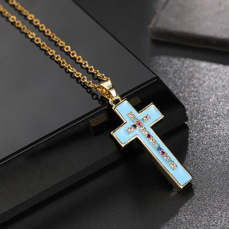 Fashion Cross Religious Necklace and Pendant White Blue Pink Oil Drop Woman Gift