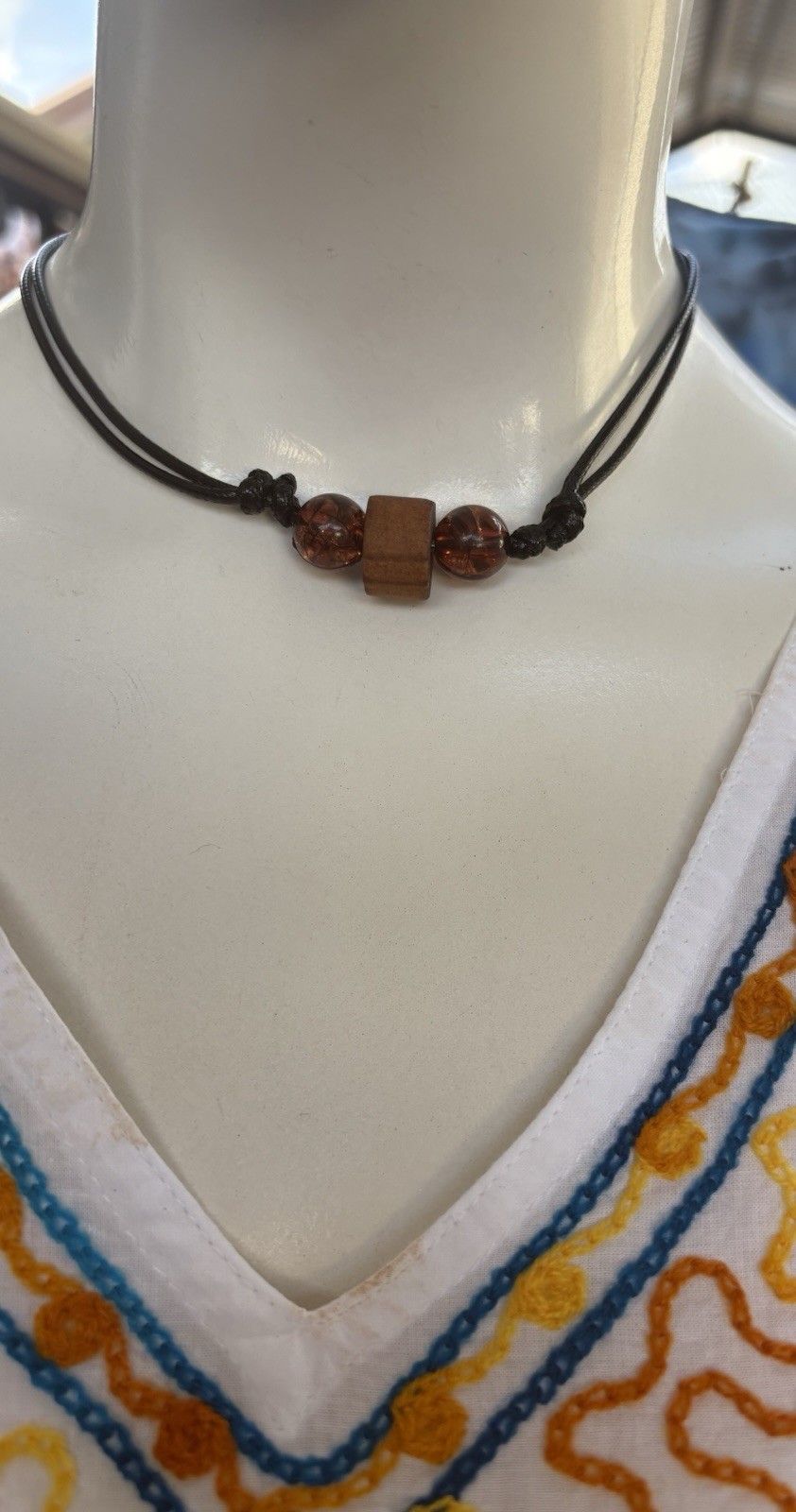 Wood Round Bead Pendant Black Cord Brown Beaded Necklace Boho Adjustable Tie