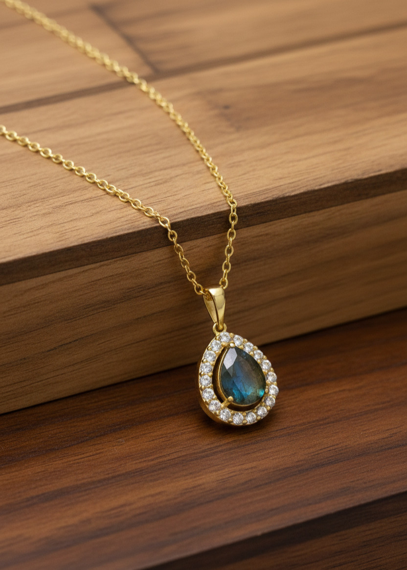 Labradorite Pear Drop Pure Brass Pendant Necklace Gold Plated Gemstone Necklace