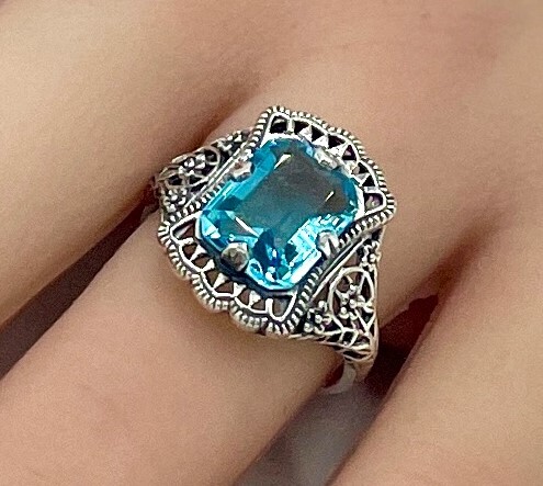 925 STERLING SILVER FILIGREE RING ANTIQUE STYLE SIMULATED AQUAMARINE #1332