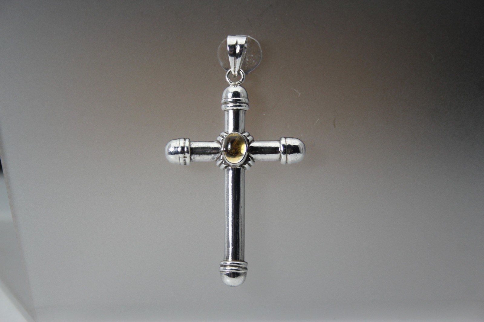 925 Sterling Silver Oval Yellow Stone Large Cross Pendant 7.3 Grams (PEN10218)