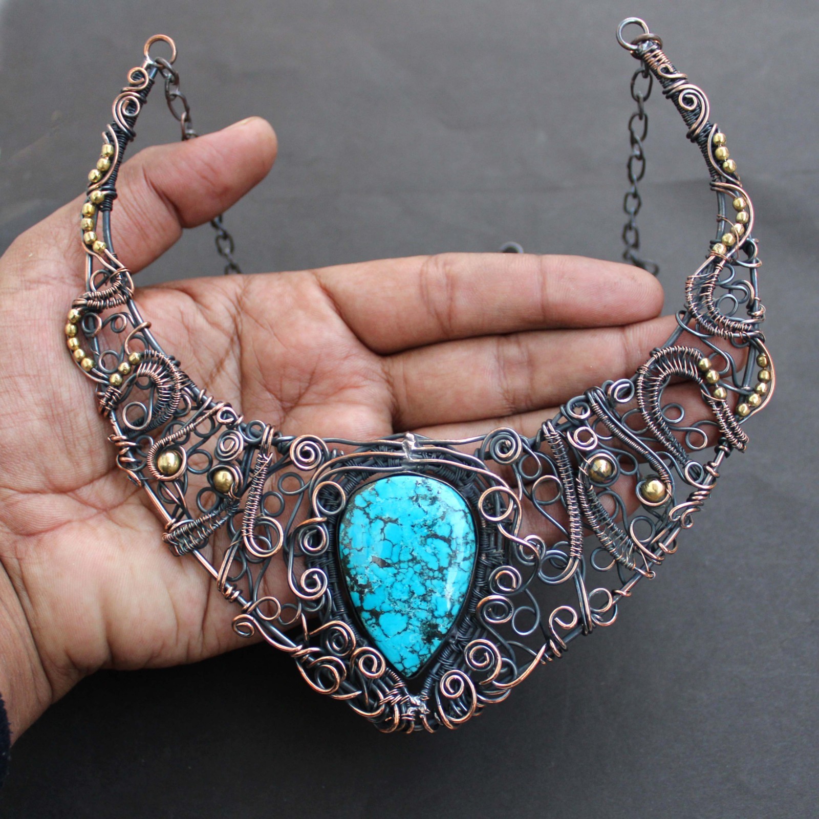 Tibetan Turquoise Copper Wire Wrapped Necklace Gemstone Handmade Jewelry 18″