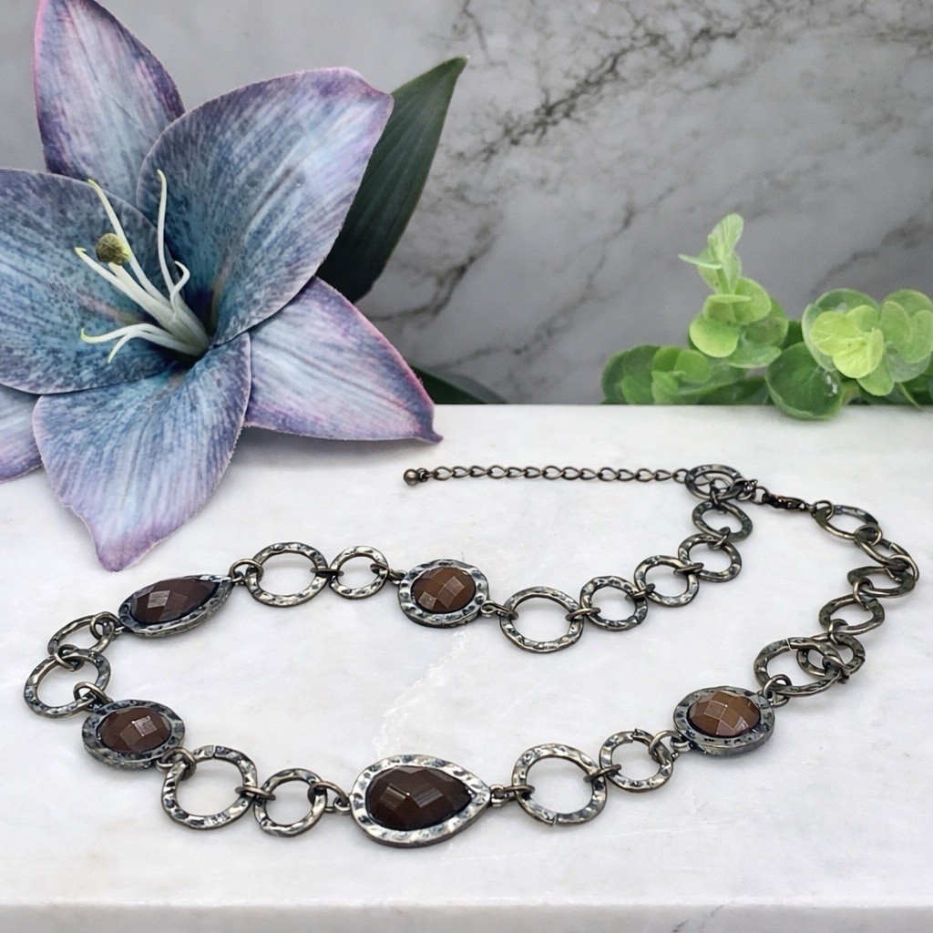 Round Hammered Link Silver Bronze Tone Necklace Brown Acrylic Cabochon Accents