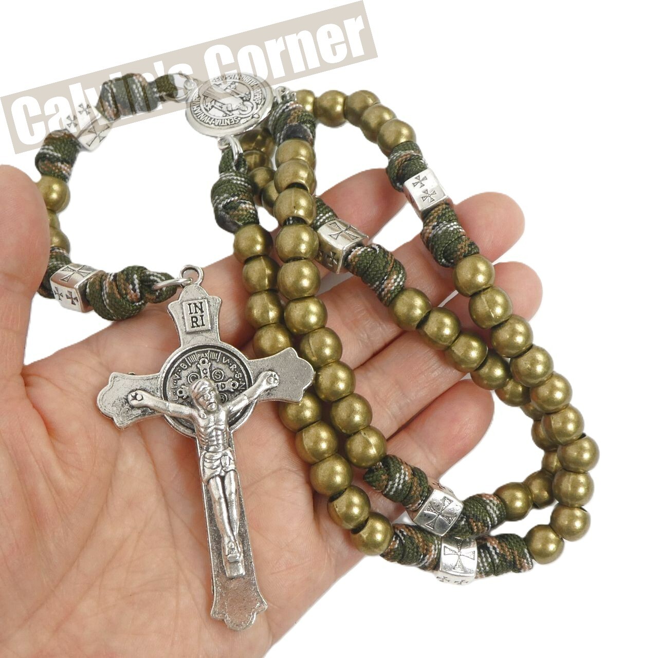 St Benedict Paracord Rosary Necklace Army Green Metal Bead Crucifix Cross 20″