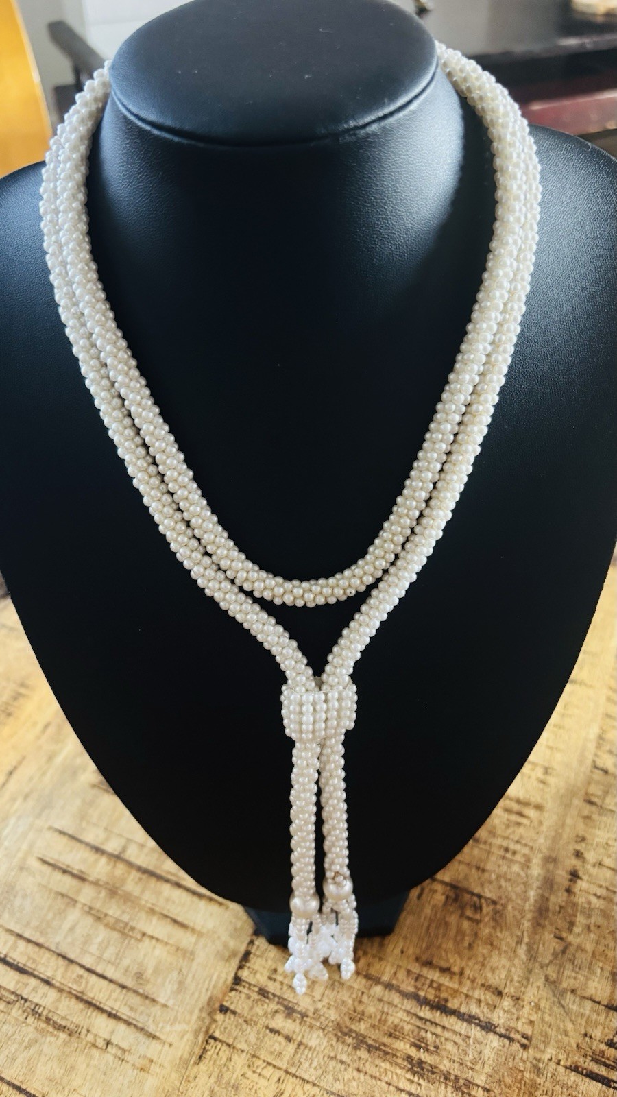 Faux Seed Pearl Lariat Necklace Woven Slider Tassel Flapper Boho VTG
