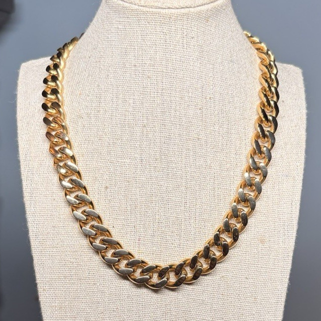 Gold Tone Cuban Link Chain Necklace Metal Box Clasp 16 in