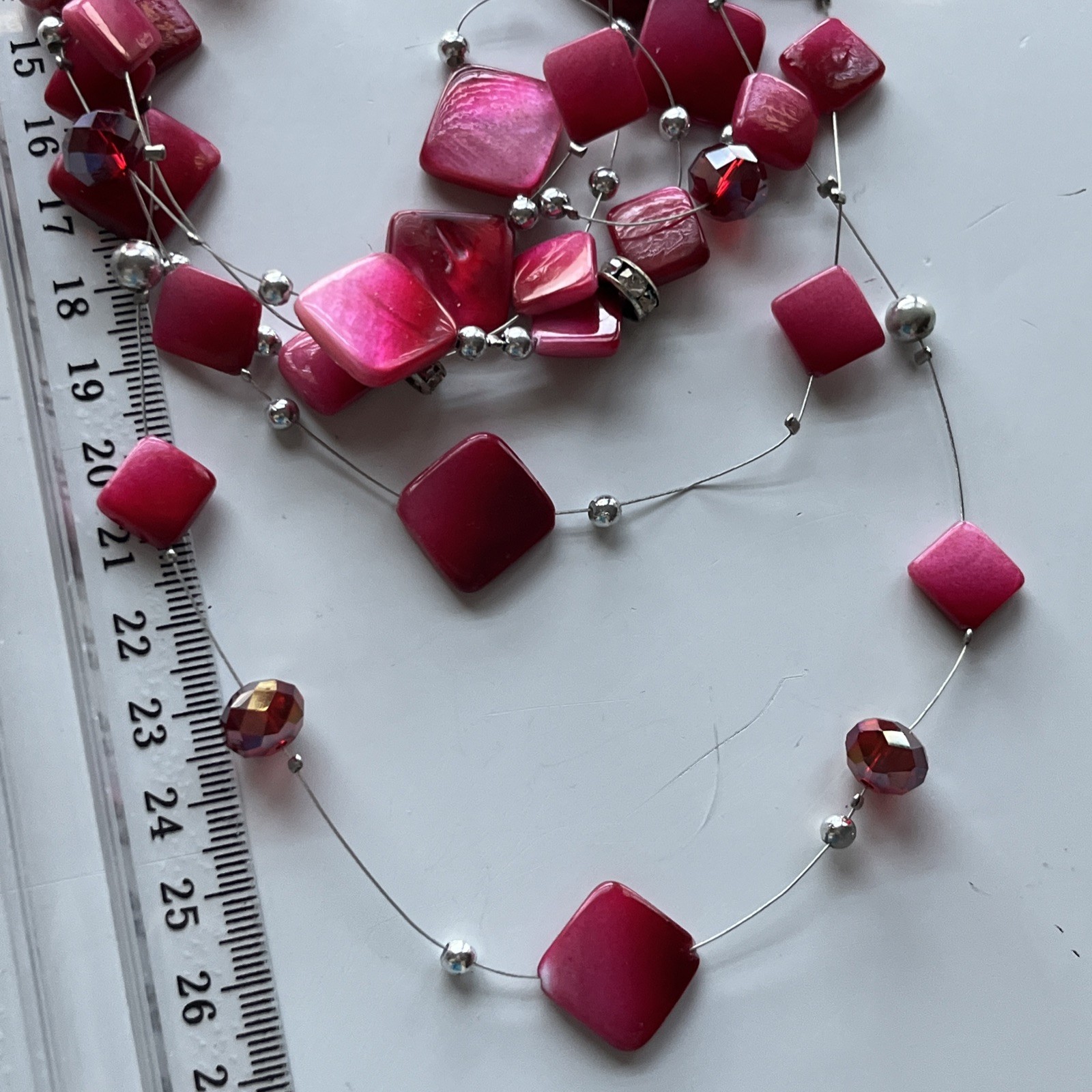 5 layers 27 inch Layered Hot Pink And Grey silver tones Beaded Necklace elegant