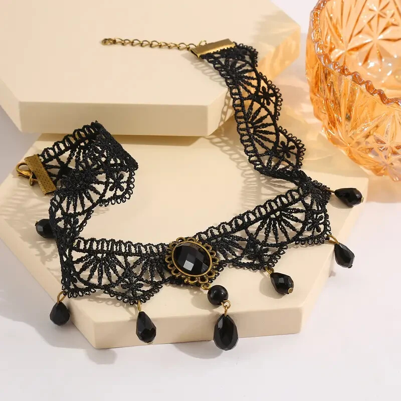 Black Lace Jewel Choker Necklace, Steampunk, Goth, Punk, Halloween, Trendy