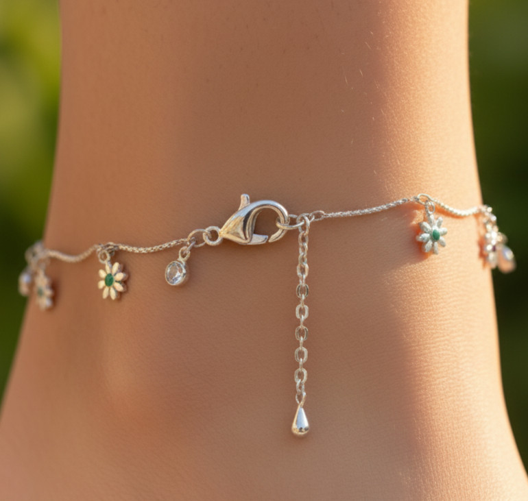 Elegant Silver Plated Floral Charm Anklet | Delicate Brass Chain Designer Anklet