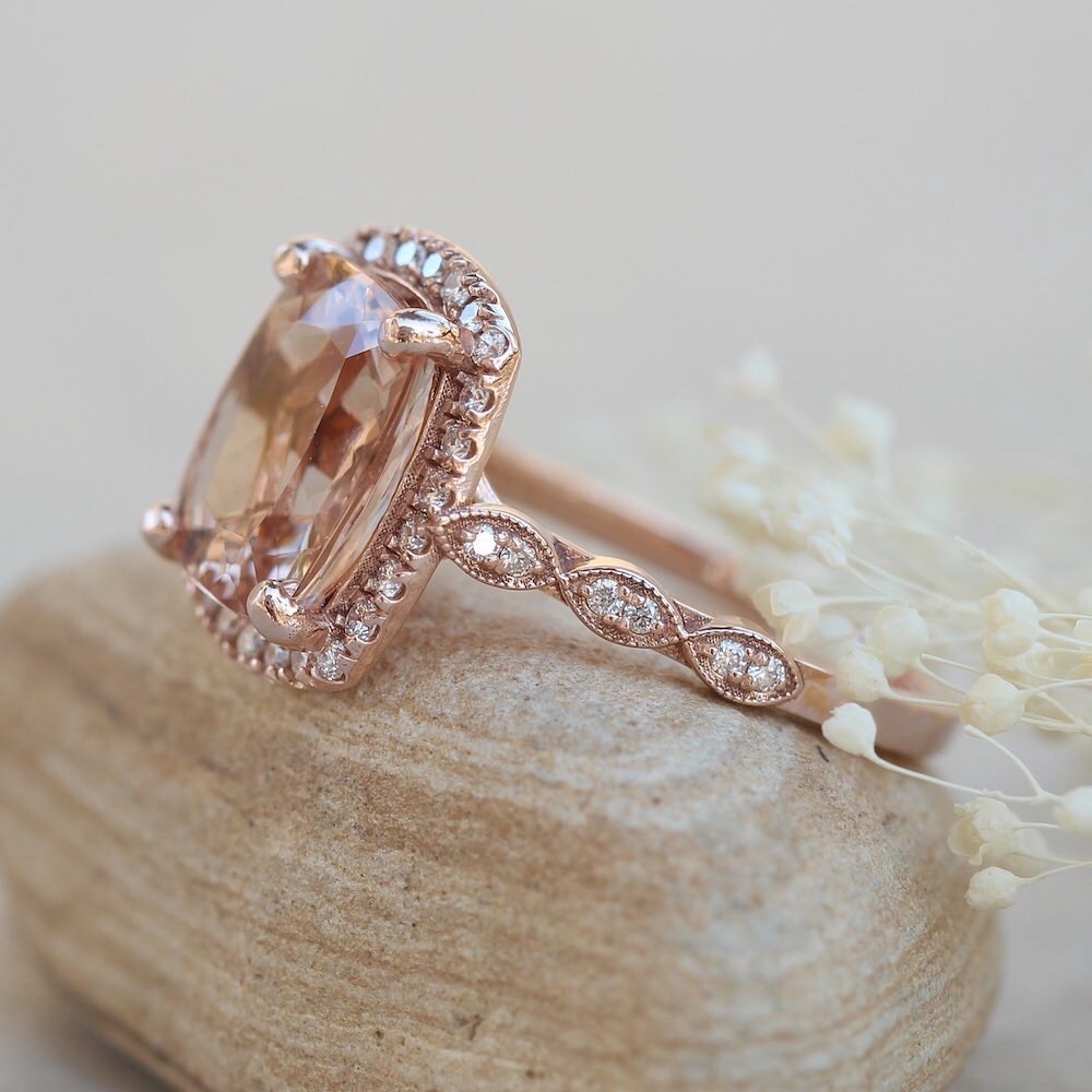 Cushion Cut Peach Morganite Ring 925 Sterling Silver Engagement Ring.
